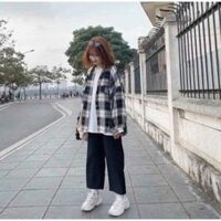 Áo Khoác Sơ mi caro phối Túi giả,Áo Chống Nắng form rộng tay phồng - đen sọc to - M