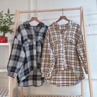 Áo Khoác Sơ mi caro phối Túi giả,Áo Chống Nắng form rộng tay phồng - nâu sọc nhỏ - XL