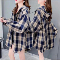 Áo khoác sơ mi có nón 2 lớp from rộng unisex sọc caro đi nắng cách nhiệt tốt mẫu 2024 .
