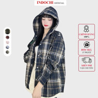 Áo Khoác Sơ Mi Flannel Dài Tay Sọc Caro Có Mũ Form Rộng Chống Nắng, Chống Tia UV -INDOCHI