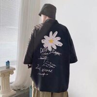 Áo khoác sơ mi hoa cúc   Áo sơ mi unisex nam nữ form rộng khoác ngoài freesize - Đen,Freesize &lt;70kg