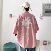 Áo khoác sơ mi hoa cúc   Áo sơ mi unisex nam nữ form rộng khoác ngoài freesize - Hồng,Freesize &lt;70kg
