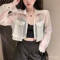 Áo khoác sơ mi trong suốt lớn cho phụ nữ mùa hè, áo crop ngắn vừa vặn, mỏng bảo vệ nắng