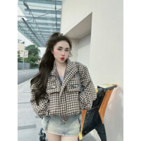 Áo Khoác Sọc Caro Cổ Bẻ Tay Dài, Áo Croptop Khoá Kéo Kèm Túi Siêu Xinh