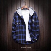 ÁO KHOÁC SƠMI UNISEX CAO CẤP SỌC CARO  PHỐI NÓN XÁM