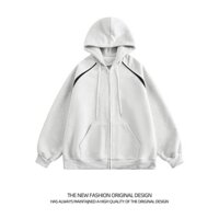 Áo khoác sweatshirt có mũ màu xám nặng cho nam, áo cardigan dáng rộng thời trang với họa tiết chắp vá và khóa kéo