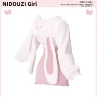 Áo khoác tai thỏ màu hồng ngọt ngào và cay mm hơi mập, bộ váy liền ôm hông dệt kim thuần khiết cỡ lớn cho nữ thu đông