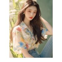 Áo khoác thời trang Pháp mới Áo sơ mi nữ hoa màu xanh lá cây mỏng phong cách Hồng Kông