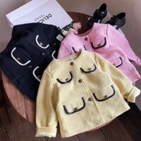 Áo khoác Tiểu Thư Vải tweed Màu Hồng đắp Nắp túi sành điệu chuẫn Hãng Ammbkids