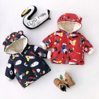 Áo Khoác Trẻ Em Lót Nỉ Lông Cùn Áo Phao Có Mũ Lót Nỉ Cực Ấm Áp Cho Bé Trai Bé Gái 2-3 tuổi Hình Máy Bay