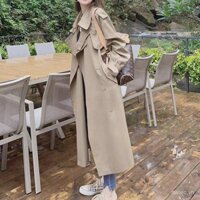Áo khoác trench coat nữ thời trang phong cách Hàn Quốc thanh lịch, dài vừa phải, phong cách Anh, thời trang xuân thu, đa năng, màu kaki [