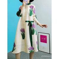 Áo khoác trench Miyake xếp ly F044 cổ đứng một hàng khuy mùa xuân thu 2025 mới áo khoác lười rộng rãi in họa tiết cho phụ nữ