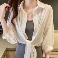 Áo khoác voan mỏng mùa hè dành cho nữ Dây buộc ngắn tay áo len Cardigan màu trơn