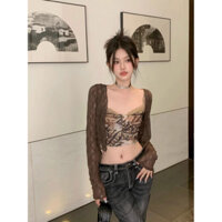 Áo khoác voan ren màu nâu cho nữ mùa xuân mùa hè Khăn choàng mỏng nhỏ chống nắng ngắn Cardigan Top Trận đấu bên ngoài