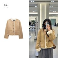 áo khoác Zara nữ da lộn dáng đẹp cao cấp cổ tròn màu nâu be lót long trắng phối viền áo long khuy cài siêu xinh