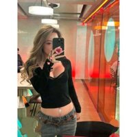 Áo Khoét Ngực Sâu Dài Tay Chất Cotton, Áo Thun Tay Dài Cổ V