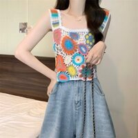 Áo không tay nữ Áo móc tay đầy màu sắc thêu Openwork Đan Tank Tops