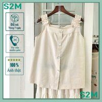 Áo kiểu 2 dây bản to nhún thun phối nút cài dọc xinh xắn, Áo sát nách nữ S2M vải linen style Hàn Quốc