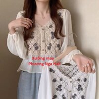Áo kiểu, Áo lưới sexy phối tay voan dài nhẹ nhàng tiểu thư hàng Quảng Châu_Phương Nga HaLi
