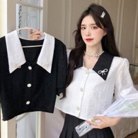 Áo Kiểu Áo Sơ Mi Ngắn Nữ Tay Cách Điệu Áo Bánh Bèo Hai Màu Tương Phản Phong Cách Hàn Quốc Đính Nơ Đá