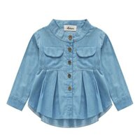 Áo kiểu babydoll cài nút tay dài vải cotton giả jean xinh xắn cho bé gái
