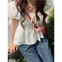 Áo kiểu babydoll dáng ngắn viền cổ thắt nơ dễ thương LALA A28