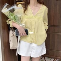 Áo kiểu babydoll nữ tay dài cổ chữ V dáng rộng phong cách Hàn Quốc mã QD113