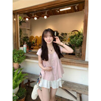 Áo kiểu babydoll tay cánh tiên xòe màu hồng phong cách Hàn Quốc phù hợp đi học đi làm đi chơi -K4