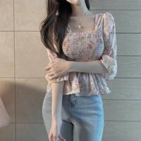 Áo kiểu BH vải voan tay ngắn dáng ôm eo diềm xếp nếp họa tiết hoa thời trang mùa hè 2021 - Hàng mới về