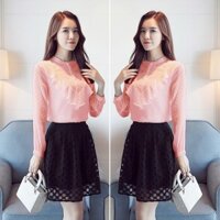 Áo Kiểu Bi Nổi Bèo Ngực Cổ Trụ Tay Dài