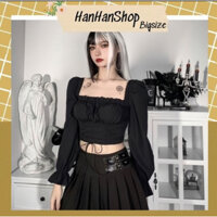 Áo kiểu bigsize 45-90kg, áo croptop tay dài big size phối ren dây đan chéo trước eo phong cách ullzang AC09