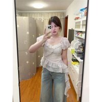 Áo kiểu Bigsize,Áo Sơ Mi Nữ Bigsize, Áo Sơ Mi Chấm Bi cổ vuông, hàng Quảng Châu 50-100kg Mùa hè 2025