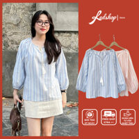 Áo Kiểu Boho Nữ Tay Phồng Redshop.store, Áo Boho Bánh Bèo Họa Tiết Kẻ Sọc Cổ Tròn Cột Dây 303059