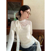 Áo kiểu buộc nơ cổ ren tay loe, áo dài tay buộc nơ chun eo siêu xinh