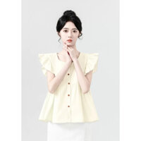 Áo kiểu cánh tiên cổ tròn phối cúc gỗ dáng babydoll phong cách Hàn Quốc - K9