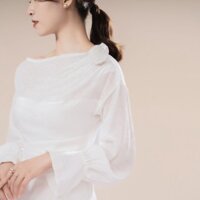 Áo kiểu CHELA lệch vai đính hoa cách điệu tay xòe, áo trắng kiểu điệu đà