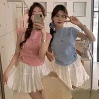 Áo kiểu cổ đứng tay hến đính nơ bo nhún 2 bên eo