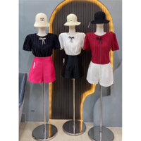 Áo kiểu cổ tròn tay bồng vải ẩn kim tuyến kèm tag nơ(A7636)