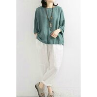 Áo kiểu cổ tròn tay ngắn dáng rộng một màu Hàn quốc cực sang