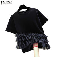Áo kiểu cổ tròn tay ngắn xếp lớp thời trang Hàn Quốc ZANZEA dành cho nữ