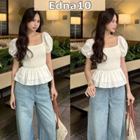 Áo Kiểu Cổ Vuông Dáng Peplum Thiết Kế Dún Thân Tay Bồng Hai Tầng