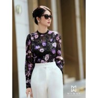Áo Kiểu Công Sở Nữ MY WAY Voan Tơ Cổ Tròn Họa Tiết Hoa Dài Tay Sang Trọng 3MA1480 Women Top