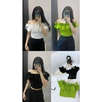 Áo kiểu Croptop áoo trễ vai nhún bèo hai tầng tiểu thư có chun eo ( shop có kèm ảnh thật)