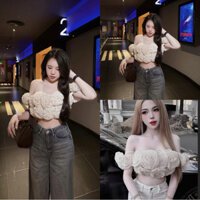 Áo Kiểu croptop đính hoa trễ vai tiểu thư sang chảnh dành cho nữ đi tiệc đi chơi