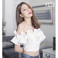 áo kiểu croptop nhún bèo trễ vai tiểu thư vải cotton dày dặn