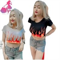 Áo kiểu croptop nữ đẹp ôm body tay ngắn cổ tròn in lửa cực dễ thương mẫu mới thời trang 2021 [Hoàn Xu]