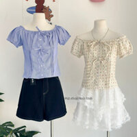 Áo kiểu croptop thắt nơ bo chun sau nữ tính xinh xắn (QCCC, Ảnh thật)