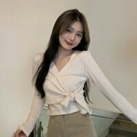 Áo kiểu dài tay vạt áo thắt nơ xinh xắn