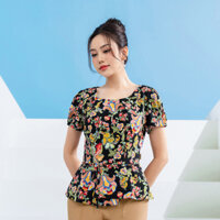 Áo Kiểu Dáng Peplum LAMER Gấu Xếp Nơ Eo Áo Kiểu Công Sở Nữ Phối Họa Tiết L61B23H024