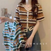 Áo Kiểu Dệt Kim Cộc Tay Phối Màu Phong Cách Len Móc Cho Nữ Lemonst